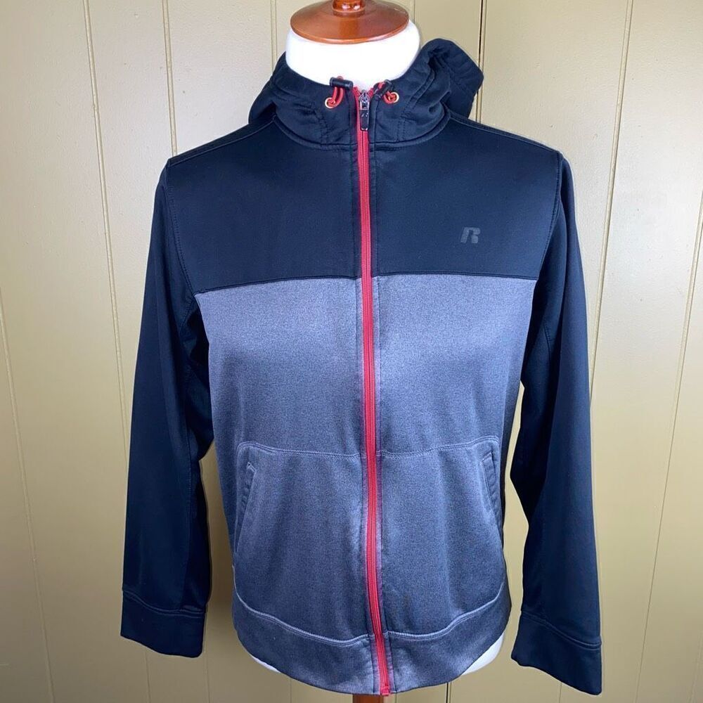 Russell men M fu zip hooded jacket w/front pockets grey black red